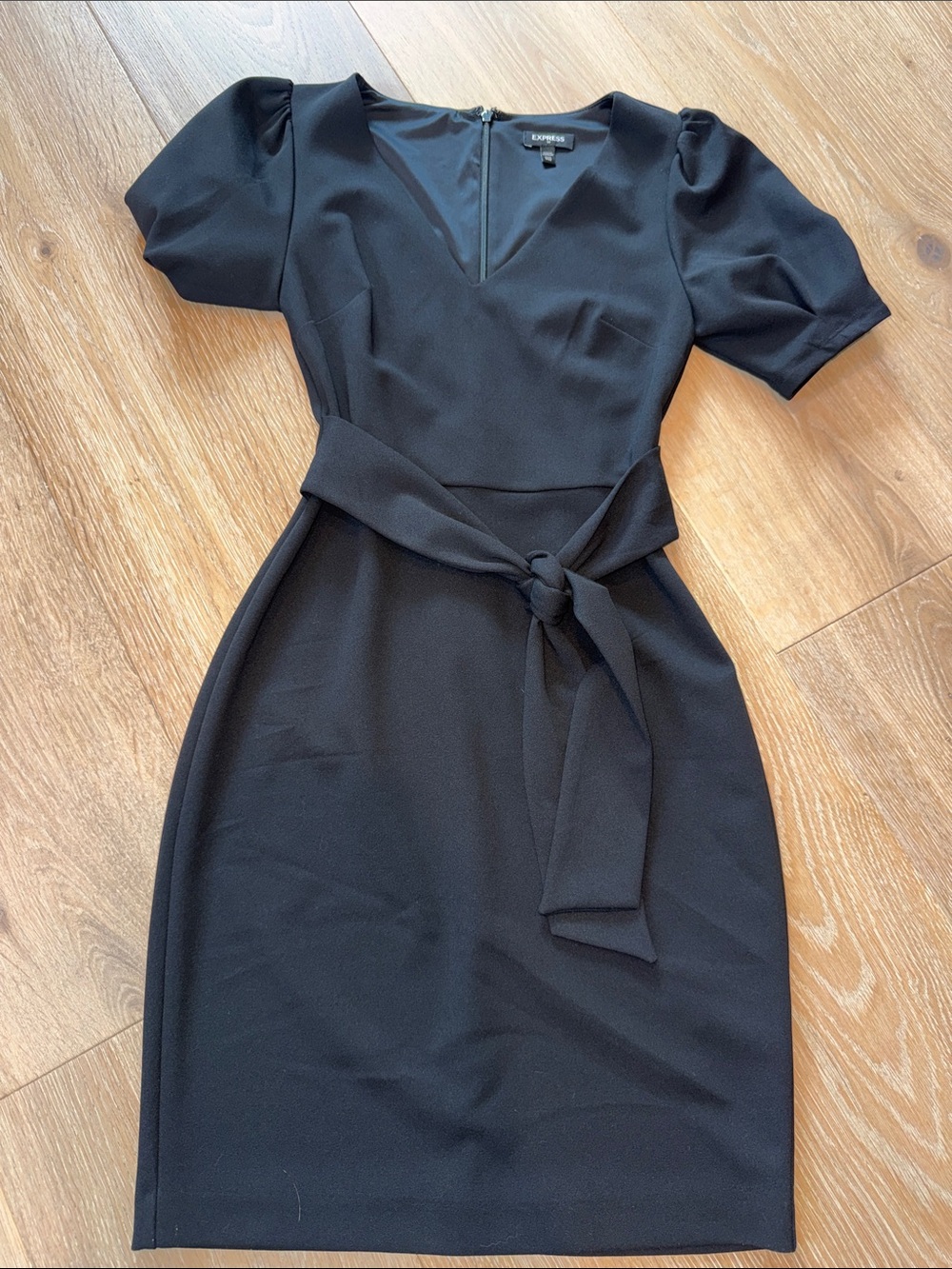 Express Black Midi Puff-Sleeve Tie-Waist Dress